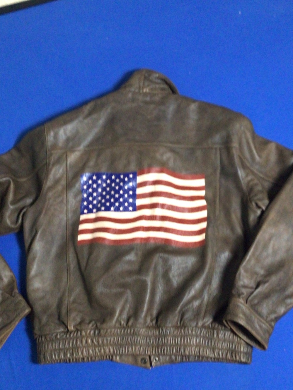 Wilsons Leather Brown Leather Bomber with American Flag Back vintage size large